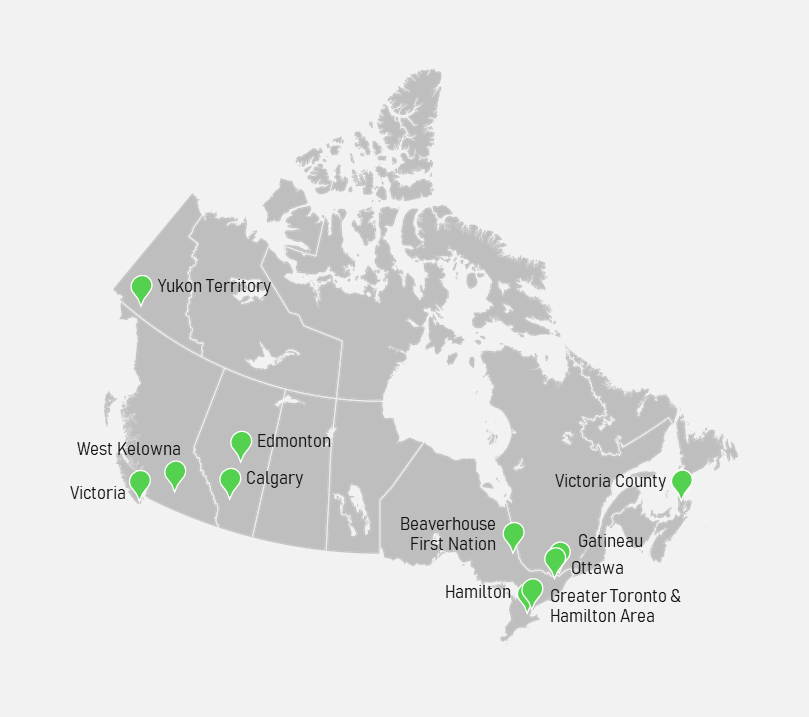 Map of Canada showing the locations of the 11 partners in Phase 2